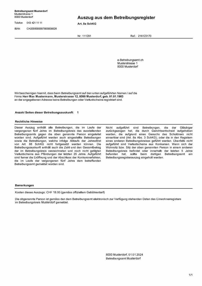 Muster Betreibungsauszug